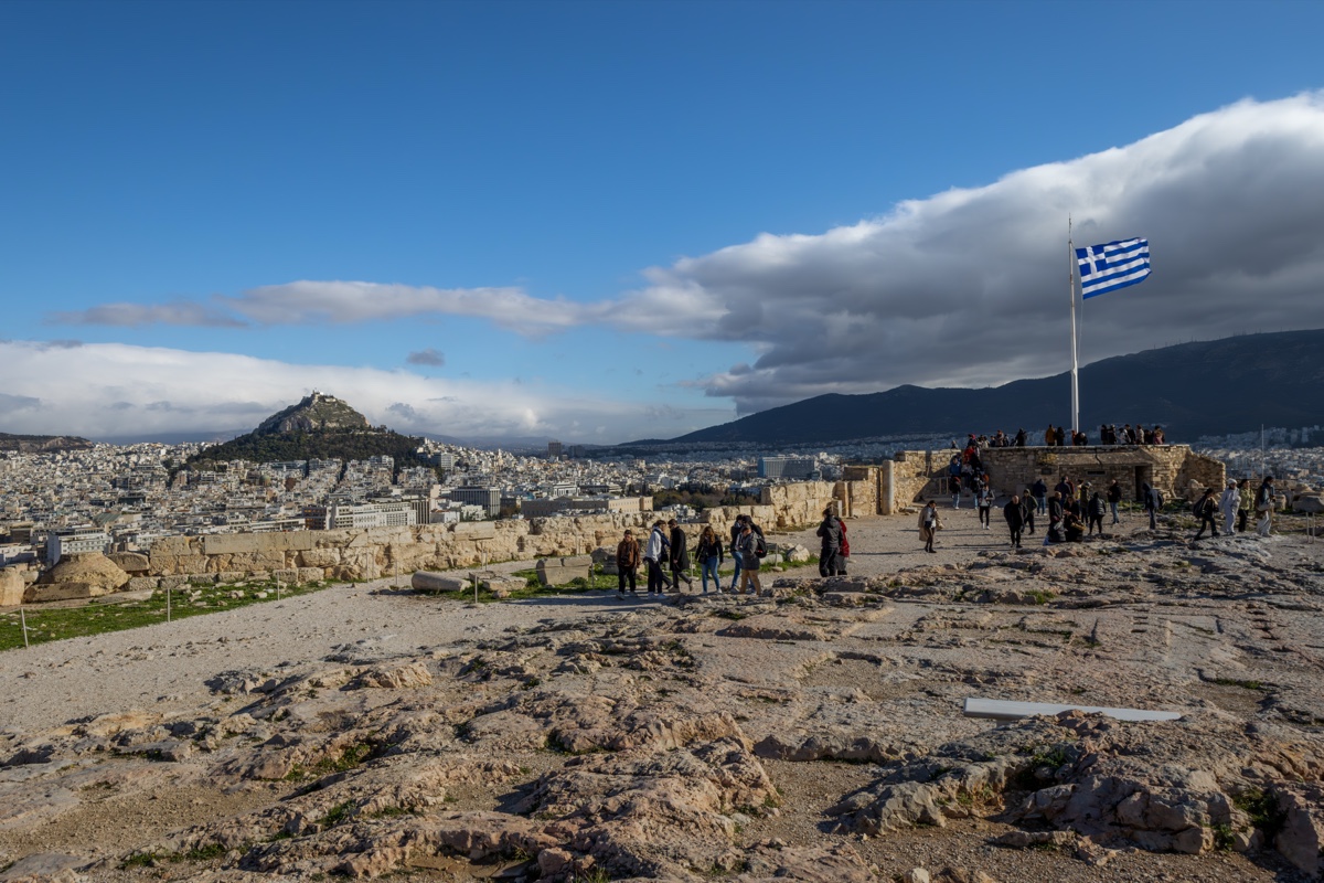 Acropolis Viewpoint Greek Flag Athens