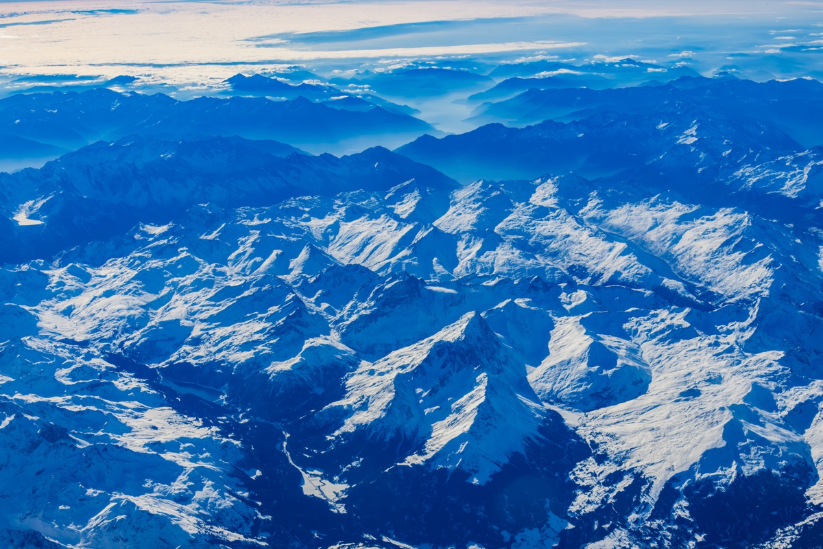 Aerial View Snow Capped Mountain Range