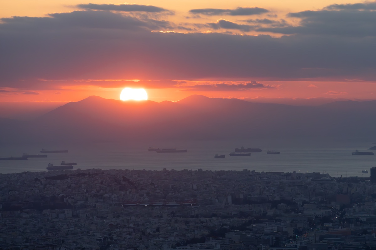 Athens Sunset Over Sea Ships